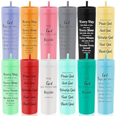 Imagem de KisSealed Pacote com 12 copos cristãos com versículos da Bíblia, copos de acrílico de 473 ml com canudo e tampa, copos religiosos skinny presentes cristãos para mulheres homens voluntários da igreja