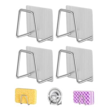 Imagem de Suporte de esponja de aço inoxidável de 4 peças para esponjas de pia de cozinha, escorredor, suporte de armazenamento, ganchos de parede, organizador de cozinha