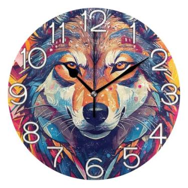 Imagem de GAIGEO Relógio de parede decorativo analógico para sala de aula relógio de escritório moderno alimentado por bateria, decoração de parede de sala de estar moderna, cabeça de lobo ardente colorida