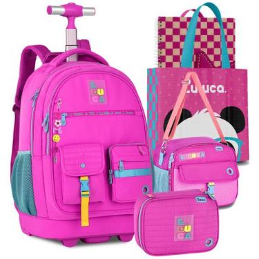 Imagem de Kit Mochila Luluca Carrinho Rodinha Lancheira Estojo Resistente Reforç