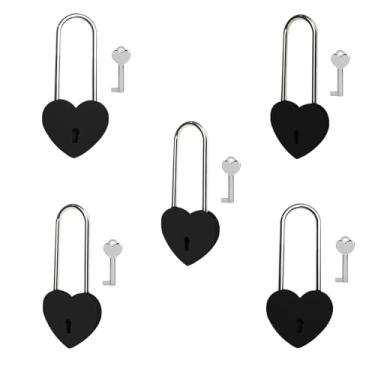 Imagem de Gradleen 5 unidades de cadeado de coração único com chave de 8,5 cm, cadeado de amor de 50 mm, acabamento fosco, cadeado de amor preto para ponte Lovelock, caixa de cartão, caixa de joias, diário