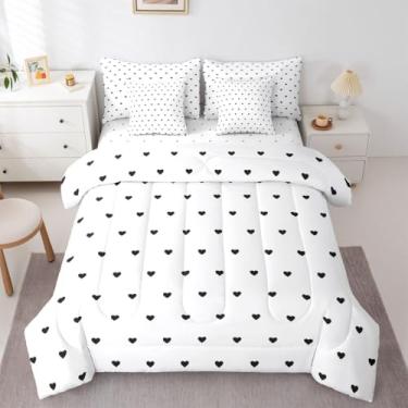 Imagem de Erosebridal Conjunto de edredom Queen branco e preto, 7 peças, com estampa de coração fofo em uma bolsa, conjunto de cama geométrico, com edredom, lençóis, fronhas, decoração de quarto de meninas
