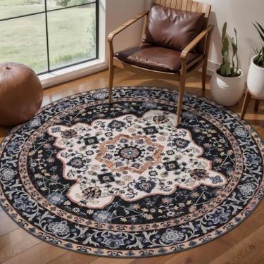 Imagem de Ciicool Boho Tapete redondo lavável para quarto de 1,2 x 1,2 m, antiderrapante, vintage, para entrada, tapete interno de pelo baixo para sala de estar
