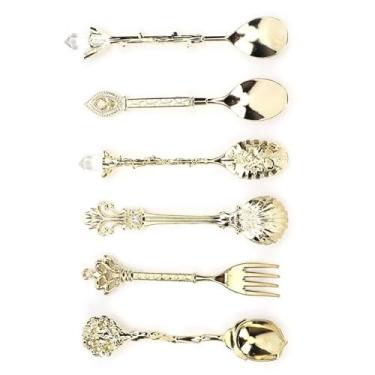 Imagem de GLOGLOW Conjunto de Colher e Garfo retrô de 6 Peças, Acessório de Cozinha de Talheres de Liga de Zinco Vintage Com Padrões Requintados da Corte Europeia, para Casa, (Ouro (cabo de garfo com nó