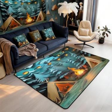 Imagem de Tapete de área de acampamento 7,5 x 12,5 cm para sala de estar | Tapete lavável para barraca de fogueira vintage, tapete rústico para decoração de acampamento, decoração de casa de fazenda