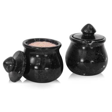 Imagem de Adega de sal de mármore preto com tampa, conjunto feito à mão com 2 unidades, recipiente, suporte para bancada, tigelas de sal e pimenta