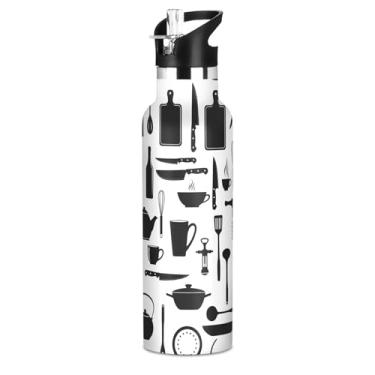 Imagem de Joisal Garrafas de água escolares isoladas para meninas, utensílios de cozinha, branco, preto, 590 ml, à prova de vazamento, parede dupla, garrafas de água a vácuo de aço inoxidável, copos de viagem