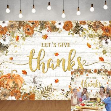 Imagem de Vamos dar graças pano de fundo feliz de ação de graças para fotografia outono abóboras floral outono colheita festa de ação de amigos banner jantar família adereços de estúdio fotográfico (2,8 x 1,5 m
