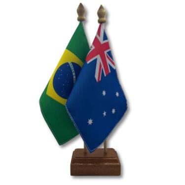 Imagem de Bandeira de Mesa Elegance Brasil e Austrália, Dupla Face, Base em Madeira, 19x13cm, Tecido Oxford, Decorativa para Escritório e Eventos