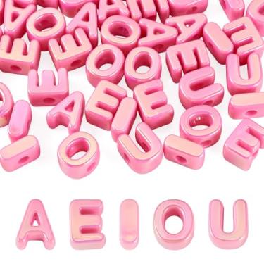 Imagem de FASHEWELRY 50 peças de contas acrílicas de letras de vogal grandes blocos de letras de plástico amuletos letras 3D contas grossas do alfabeto para chaveiros colar DIY artes projetos de artesanato rosa