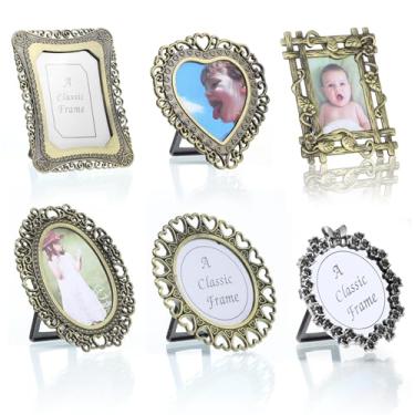 Imagem de 6 porta-retratos vintage pequenos porta-retratos de metal faça você mesmo, porta-retratos tamanho carteira de 2,5 cm, cores sortidas, pequena moldura de metal para exibição de parede de mesa, fotos