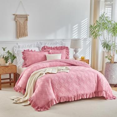 Imagem de Flysheep Conjunto de capa de edredom com babados tufados, tamanho king, 3 peças de capa de edredom vintage chique e chique com fecho de zíper, conjunto de cama boêmio jacquard de luxo (rosa, King)