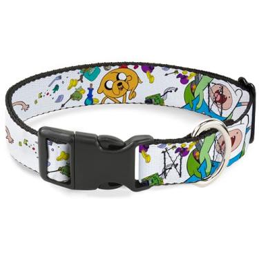 Imagem de Coleira para cães Cartoon Network com fivela de plástico, liberação rápida, fácil de ajustar, pacote aberto Adventure Time, Jake e Finn, 24,5 a 37,5 cm de largura