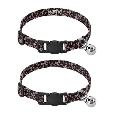 Imagem de SEHANY Conjunto de 2 coleiras de cachorro com laço rosa fofo, fivela de plástico resistente, leve, macia e leve, com sino pequeno, coleiras personalizadas com nome de animal de estimação para meninos
