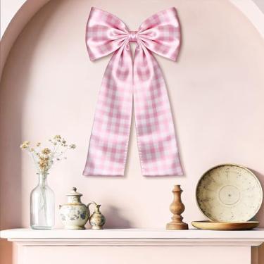 Imagem de CORNER LACE Decoração de laço xadrez rosa, 31 x 75 cm, gravata borboleta grande de cetim para sala de casa, lareira, janela, porta, cadeira, cortina, férias, chá de panela, chá de bebê, despedida de
