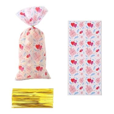 Imagem de 50 sacos de plástico OPP com estampa de caixa de presente e amor para doces, lembrancinhas de festa, dia dos namorados, decoração de casamento, sacos de celofane com cordão para presentes