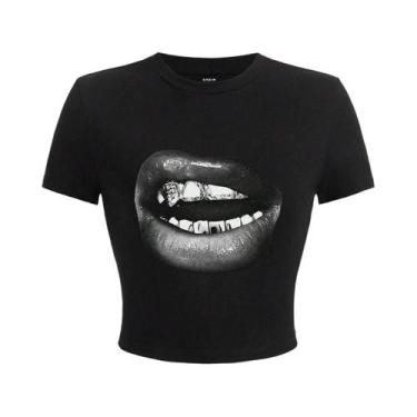 Imagem de Camiseta Cropped Feminina Casual Minimalista De Verão Com Estampa De S