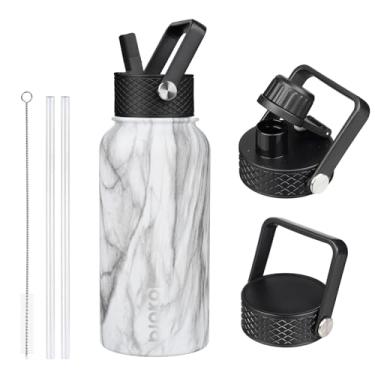 Imagem de BJPKPK Garrafas de água isoladas com tampa de canudo, garrafa de água de aço inoxidável de 800 ml com 3 tampas, caneca térmica de metal livre de BPA à prova de vazamento, garrafa de água esportiva mantém fria e quente - bétula branca