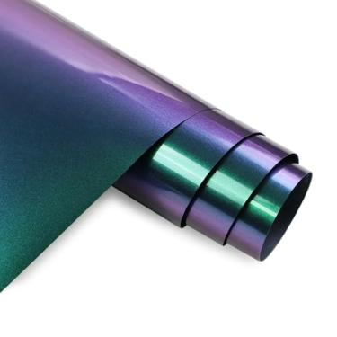 Imagem de MEVOREW Chameleon HTV Vinil de transferência de calor 30,5 cm x 1,8 m de ferro em vinil para camiseta, camaleão gradiente mudança de cor PU HTV rolos para Cricut, Silhouette Cameo (roxo-verde, 30,5 cm