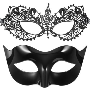 Imagem de Falzqq Couple Masquerade Mask Set Black Venetian Halloween Mask for Women and Men Masquerade Party Prom Ball Costume