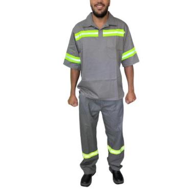 Imagem de Conjunto Calça e Camisa Brim Faixa Refletiva Manga Curta - Proteloja E