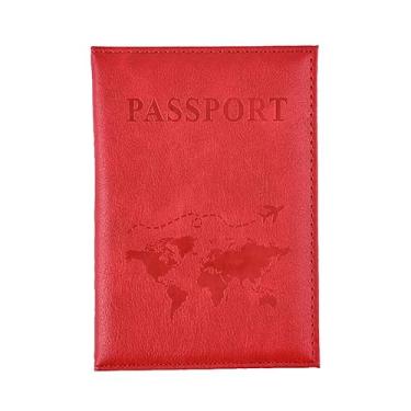 Imagem de 1 capa para cartão de couro PU unissex nova moda simples capa de passaporte mundo fino para passaporte de viagem carteira presente, Vermelho, Tendência