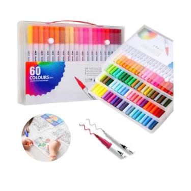 Imagem de Canetas Brush Pen e Ponta Fina 2 em 1 Kit Profissional para Lettering Caligrafia e Desenho Canetinhas Coloridas Dual Tip para Artistas Estudantes e Adultos (60 cores)