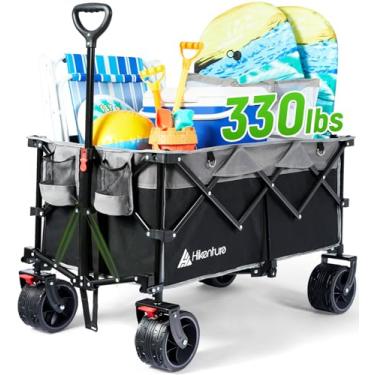 Imagem de Hikenture Carrinho dobrável, vagões de praia com capacidade de 150 kg com rodas grandes para areia, carrinho dobrável resistente com freios, carrinho de jardim dobrável portátil para uso externo