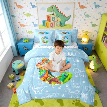 Imagem de Erosebridal Conjunto de cama solteiro com desenho animado com letra C, monograma de dinossauro, 7 peças, em uma bolsa com lençol com lençol fofo, azul e selva, conjunto de edredom para crianças e