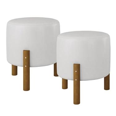 Imagem de Puff Banqueta Redondo Decorativo Pés Em Madeira(Branco Corino)