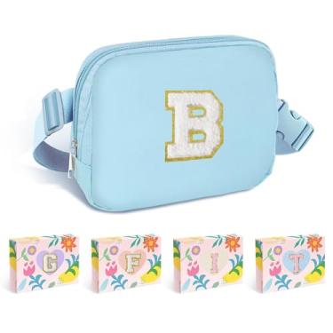 Imagem de COSHAYSOO Pochete de cintura pequena com faixa ajustável com inicial de letra remendo alça ajustável para mulheres adolescentes correndo viajando academia caminhadas, mini bolsa transversal de viagem transversal transversal bolsa moderna, Azul, Small, I