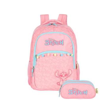 Imagem de Kit Mochila Stitch Costas E Estojo Triplo Escolar Infantil, Rosa