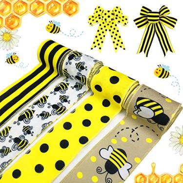 Imagem de 4 Rolls Bumble Bee Wired Edge Ribbons Yellow Black Plaid Vertical Stripe Fabric Ribbon Honeybee Polka Dot Design Burlap Summer Craft for Gift Wrapping Wreath Hair Bow