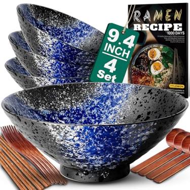 Imagem de YTLEMON Conjunto de 4 tigelas de cerâmica para ramen de 1,6 g - Tigelas de sopa grandes de porcelana japonesa para salada de cereais, frutas, macarrão, 4 × 1700 ml com receitas, pauzinhos, garfos e