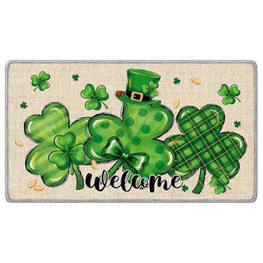 Imagem de InIsaJace Tapete de porta do Dia de São Patrício, tapetes de boas-vindas trevo tapete de entrada externo, trevo decorativo de primavera dia de São Patrício para porta da frente (71 x 40 cm)