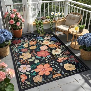 Imagem de Ruaruarug Tapetes de área florais, antiderrapantes, laváveis na máquina, resistentes ao desgaste, ultra macios para sala de estar/quarto/cozinha/sala de aula, preto, 1,8 m x 2,5 m