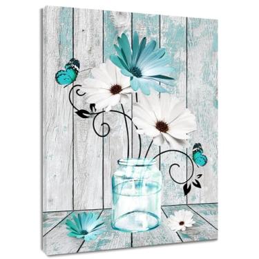 Imagem de MEUNEAR Arte de parede azul-petróleo e flor branca para sala de estar margarida em vaso e borboleta em pinturas de madeira rústica decoração de parede planta floral arte de parede para decoração de