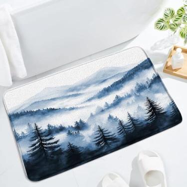 Imagem de HUSPWP Tapete de banho de floresta de pinheiros azul enevoado montanha paisagem nebulosa árvore chique rústico abstrato moderno decoração de banheiro tapete capacho toalete, 48 x 74 cm
