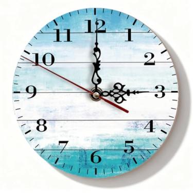 Imagem de Relógio de parede de praia costeira, silencioso, sem tique-taque, operado por bateria para sala de estar, cozinha, quarto – design vintage azul e branco, 19 cm