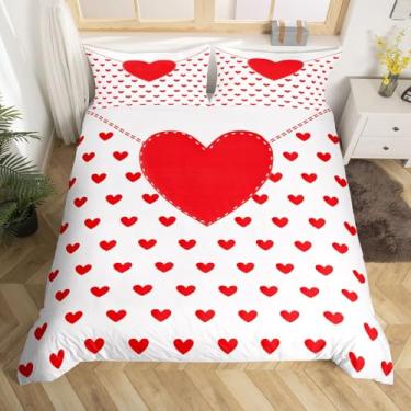 Imagem de Homewish Conjunto de cama Queen Size casal amante, 3 peças, capa de edredom decorativa de coração vermelho para crianças, meninas, mulheres, romântico, feliz dia dos namorados, capa de edredom com 2