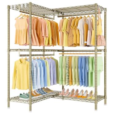 Imagem de ULIFHOME E15 Suporte de roupas em forma de L para canto, suporte independente para pendurar roupas, organizador de armário resistente com 4 varões de pendurar e 8 ganchos S, 110 cm L x 40 cm P x 199