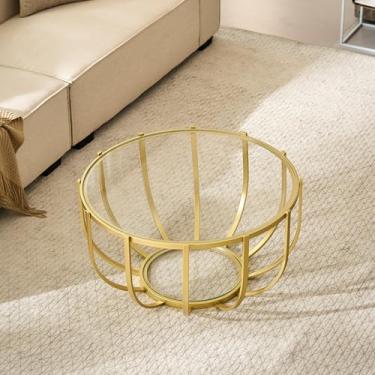Imagem de Saint Mossi Mesa de centro redonda de vidro para sala de estar, mesa central de vidro moderna de 2 camadas, tampo de vidro transparente com pernas e moldura de acabamento dourado