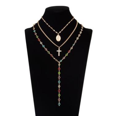 Imagem de tincolia Joias de luxo com pingente de cruz em forma de coração, design em camadas de cristal, gargantilha de flor pequena incrustada de diamante