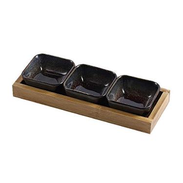 Imagem de Bandeja de prato de lanche 94 g tigelas de molho de soja pratos laterais para lanche sushi frutas aperitivo sobremesa cerâmica molho/tigelas de imersão conjunto de 3 com bandeja de bambu pratos de