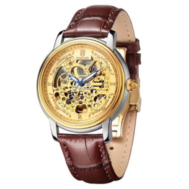 Imagem de ROCOSJEWE Relógios masculinos vintage de luxo automáticos mecânicos automáticos com mostrador dourado, pulseira marrom, corda automática, à prova d'água, presentes masculinos luminosos, R0142, marrom