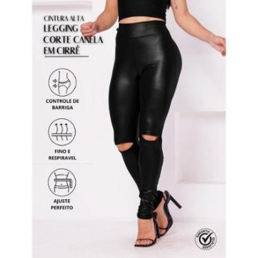 Imagem de Calça Legging Corte Canela Em Cirrê Brilho Molhado Couro Fake Feminina Qualidade Wolfox-Feminino