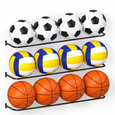 Imagem de Pacote com 3 suportes de bola de basquete e esportes, suporte de parede para exibição de futebol, suporte organizador de vôlei de metal com capacidade de 4 bolas para decoração de quarto, garagem