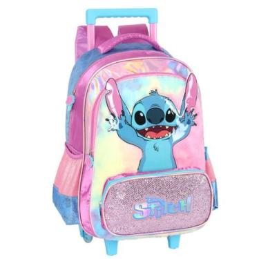 Imagem de Mochila Escolar Juvenil Menina Rodinha Stitch Roxo Pelucia - Luxcel