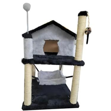 Imagem de Arranhador Para Gatos 2 Andares Com Casinha E Rede Cama Playground Brinquedo de Mola Cinza Com Preto