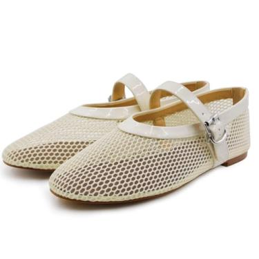Imagem de VBDB Sapatilhas De Malha Branca Ballet Para Mulheres, Largura Larga, Bico Redondo, Fivela Mary Jane, Confortável, Casual, Escritório, Verão, Sapatos Rede, Tamanho 9,5